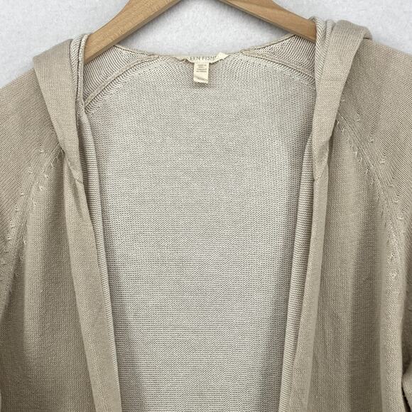 EILEEN FISHER Sweater L Organic Cotton Duster Cardigan Hoodie Open Front Beige - Picture 6 of 11